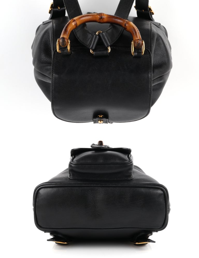 GUCCI Black Leather Bamboo Handle Mini Drawstring Backpack Handbag Vintage at 1stDibs