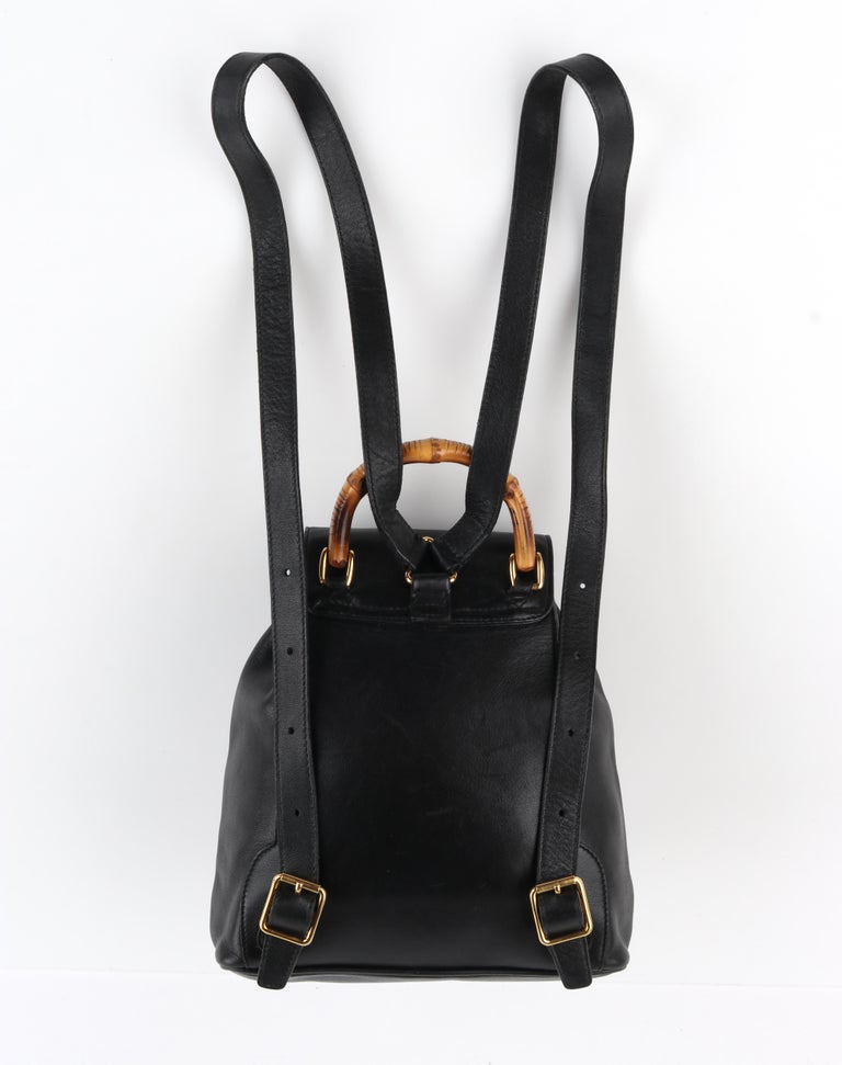 GUCCI Black Leather Bamboo Handle Mini Drawstring Backpack Handbag ...