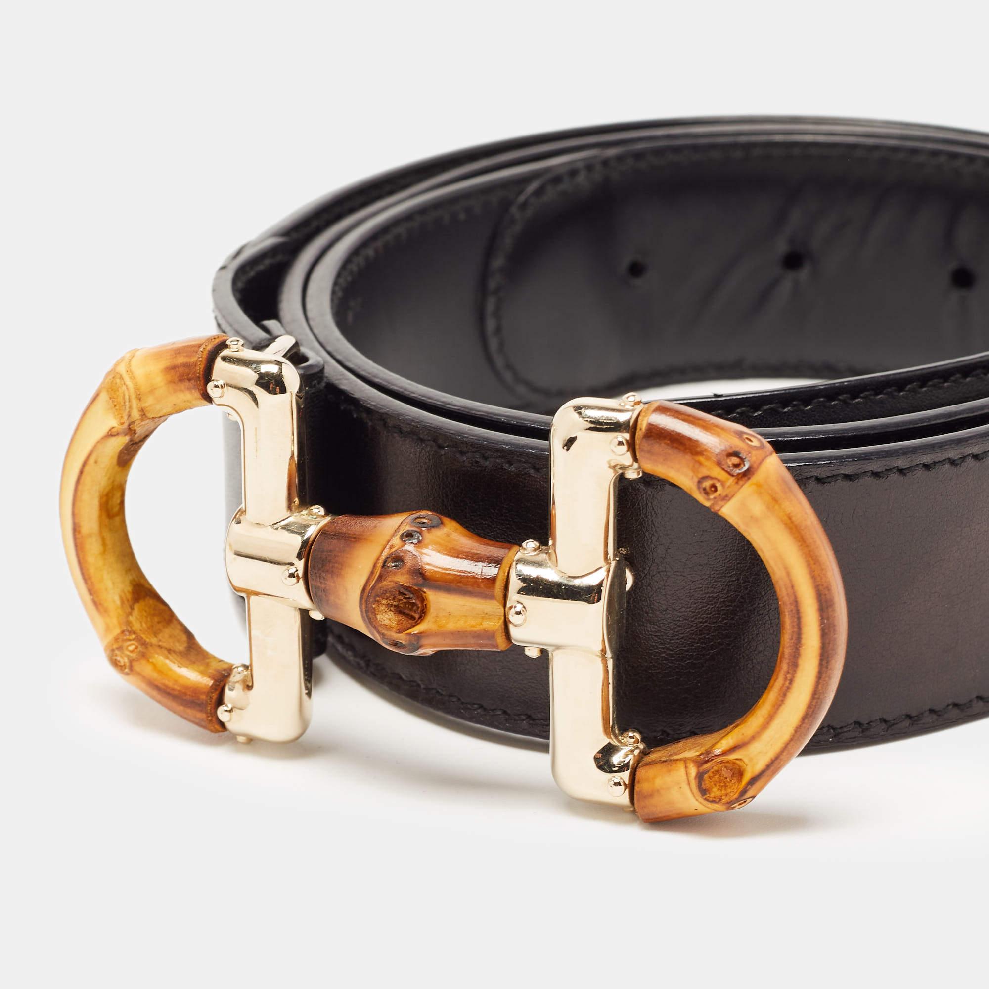 Gucci Gürtel aus schwarzem Leder und Bambus mit Horsebit-Schnalle 90CM 2