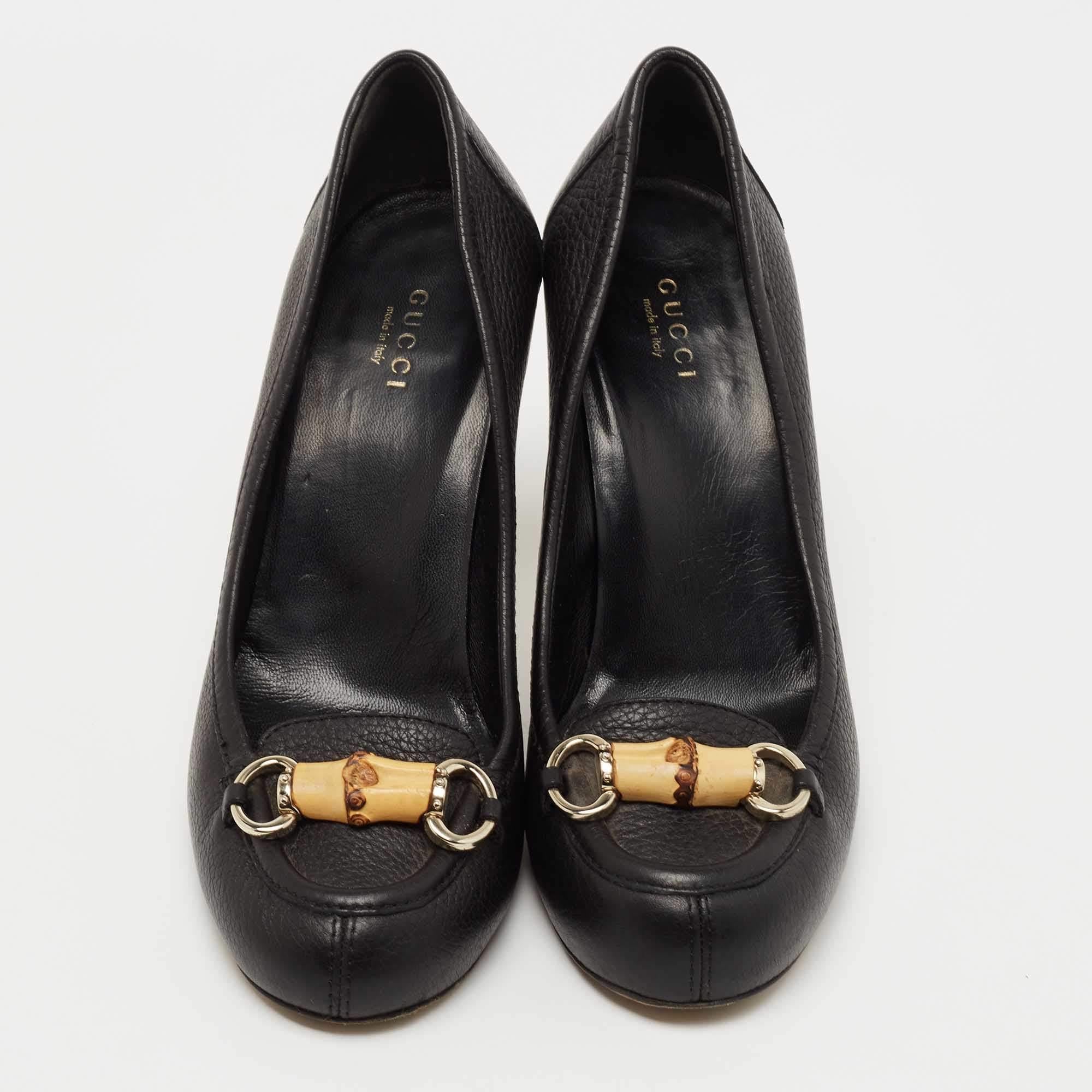 Women's Gucci Black Leather Bamboo Horsebit Loafer Pumps Size 38.5 For Sale