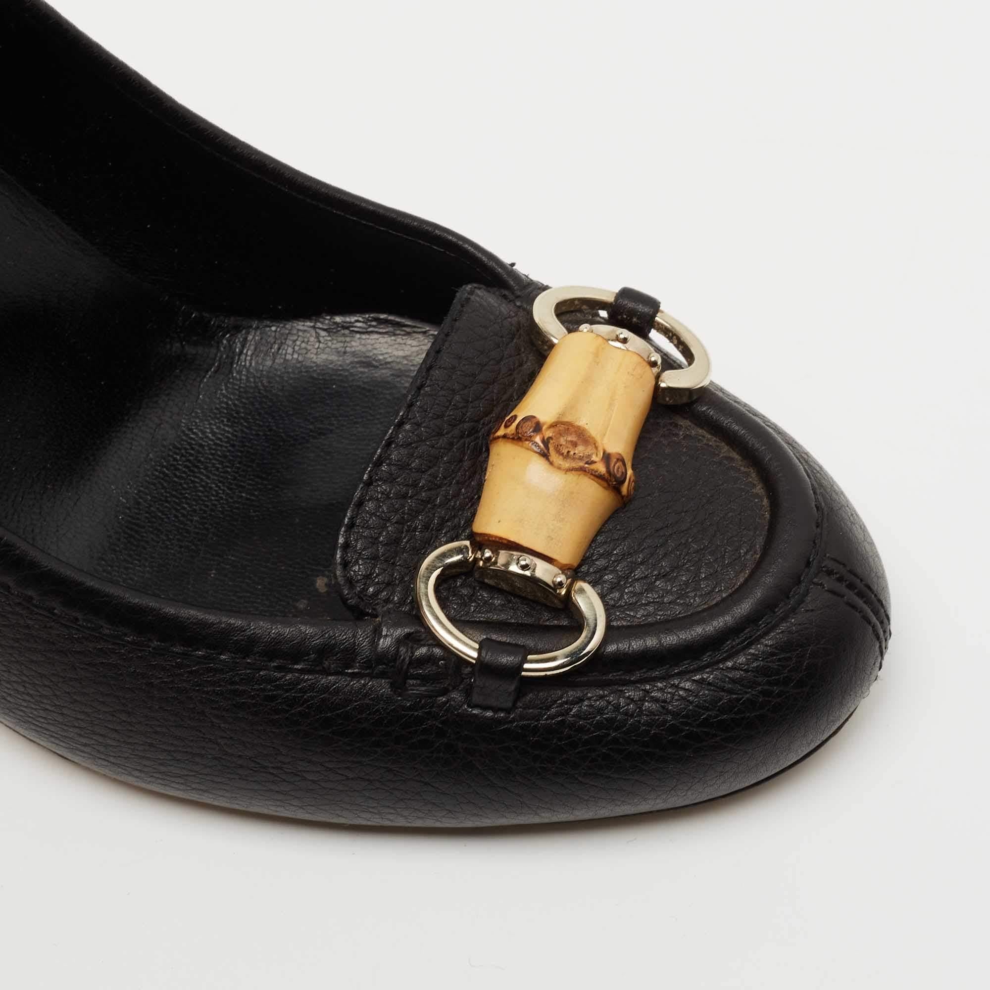 Gucci Black Leather Bamboo Horsebit Loafer Pumps Size 38.5 For Sale 2