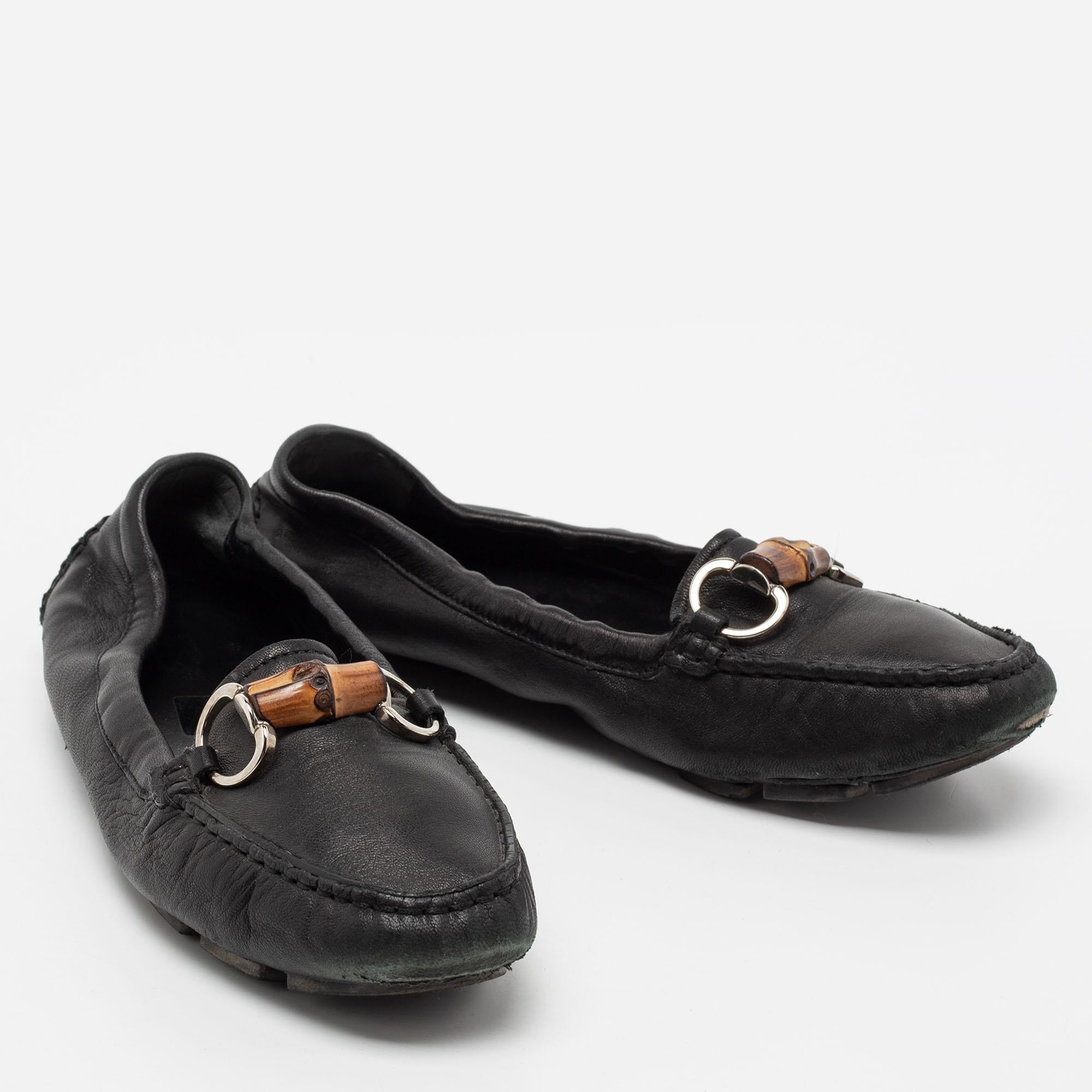 Gucci Black Leather Bamboo Horsebit Loafers Size 36.5 In Good Condition In Dubai, Al Qouz 2