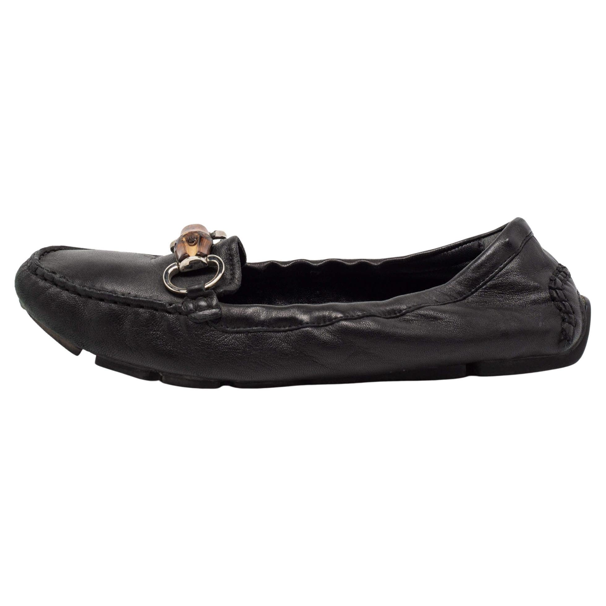 Gucci Black Leather Bamboo Horsebit Loafers Size 36.5