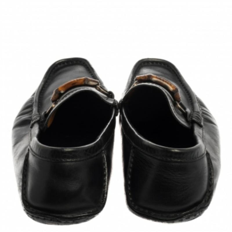 Gucci Black Leather Bamboo Horsebit Slip On Loafers Size 43.5 For Sale 2