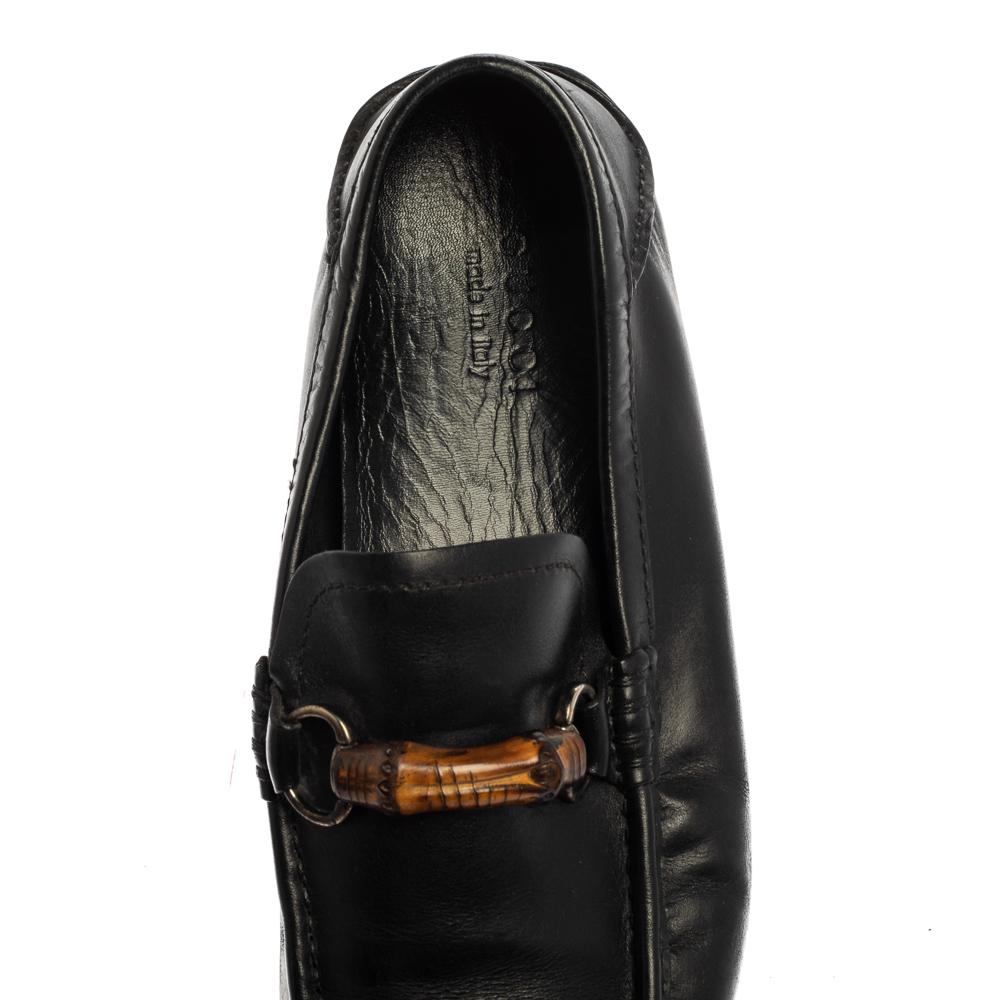 Gucci Black Leather Bamboo Horsebit Slip On Loafers Size 43.5 In Fair Condition For Sale In Dubai, Al Qouz 2
