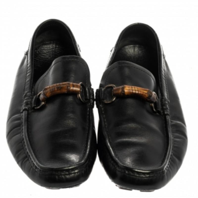 Gucci Black Leather Bamboo Horsebit Slip On Loafers Size 43.5 For Sale 3