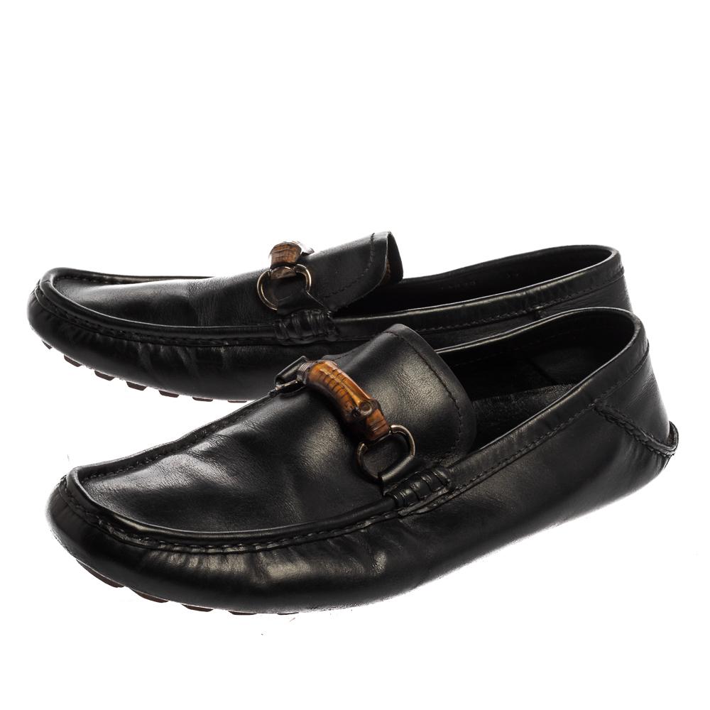 Men's Gucci Black Leather Bamboo Horsebit Slip On Loafers Size 43.5 For Sale