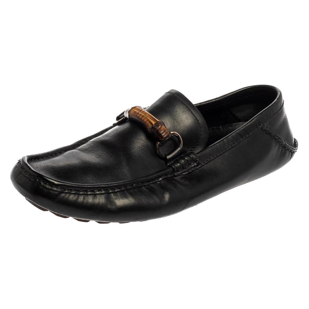 Gucci Black Leather Bamboo Horsebit Slip On Loafers Size 43.5 For Sale