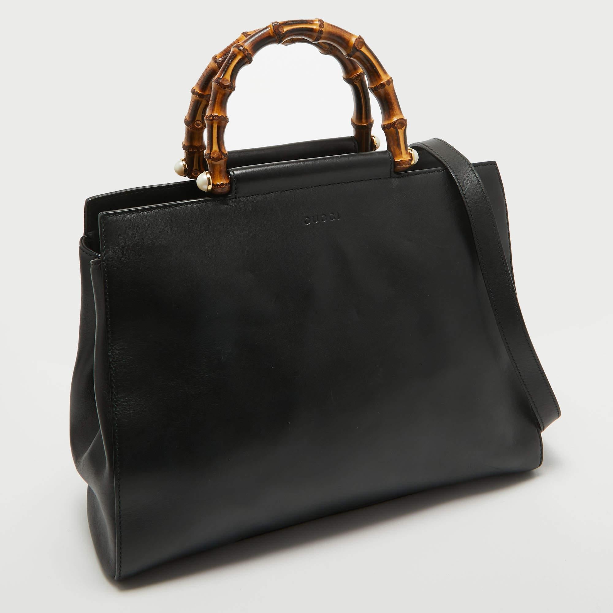 Gucci Black Leather Bamboo Nymphaea Tote For Sale 12