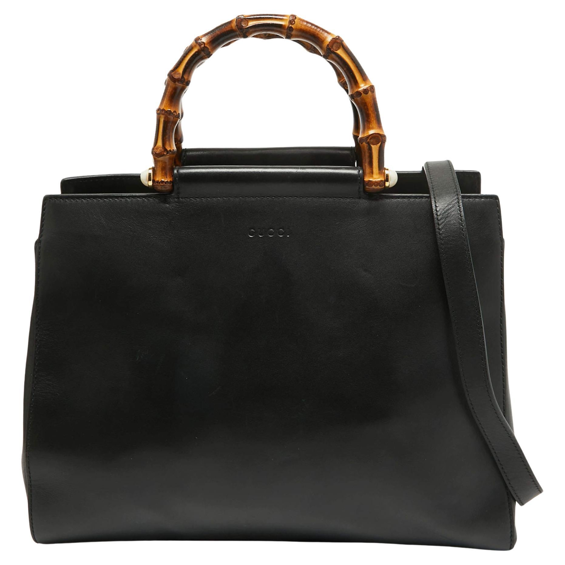 Gucci Black Leather Bamboo Nymphaea Tote For Sale