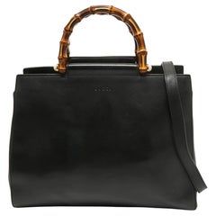 Used Gucci Black Leather Bamboo Nymphaea Tote