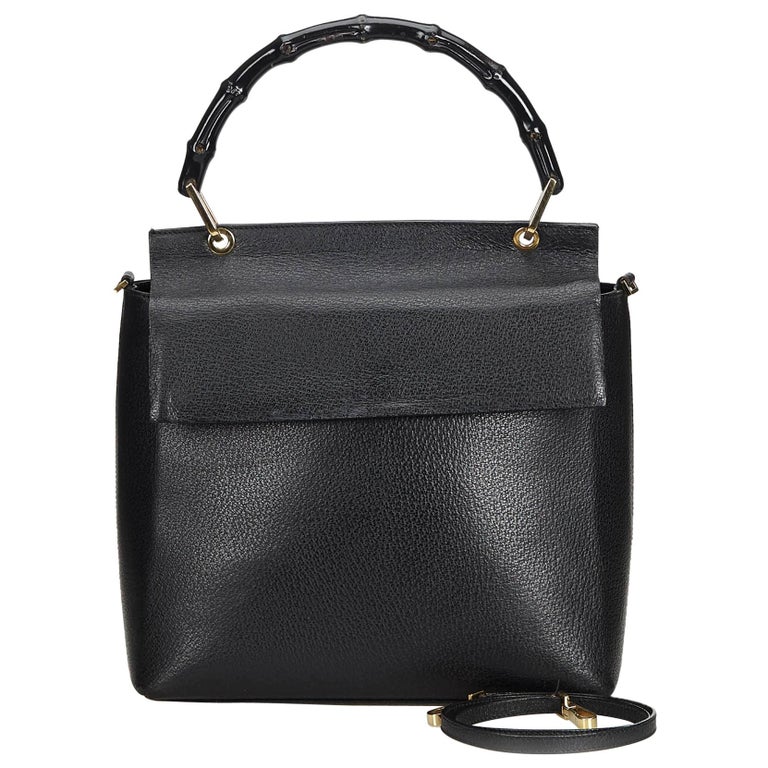 Gucci Black Leather Bamboo Satchel Italy For Sale at 1stDibs