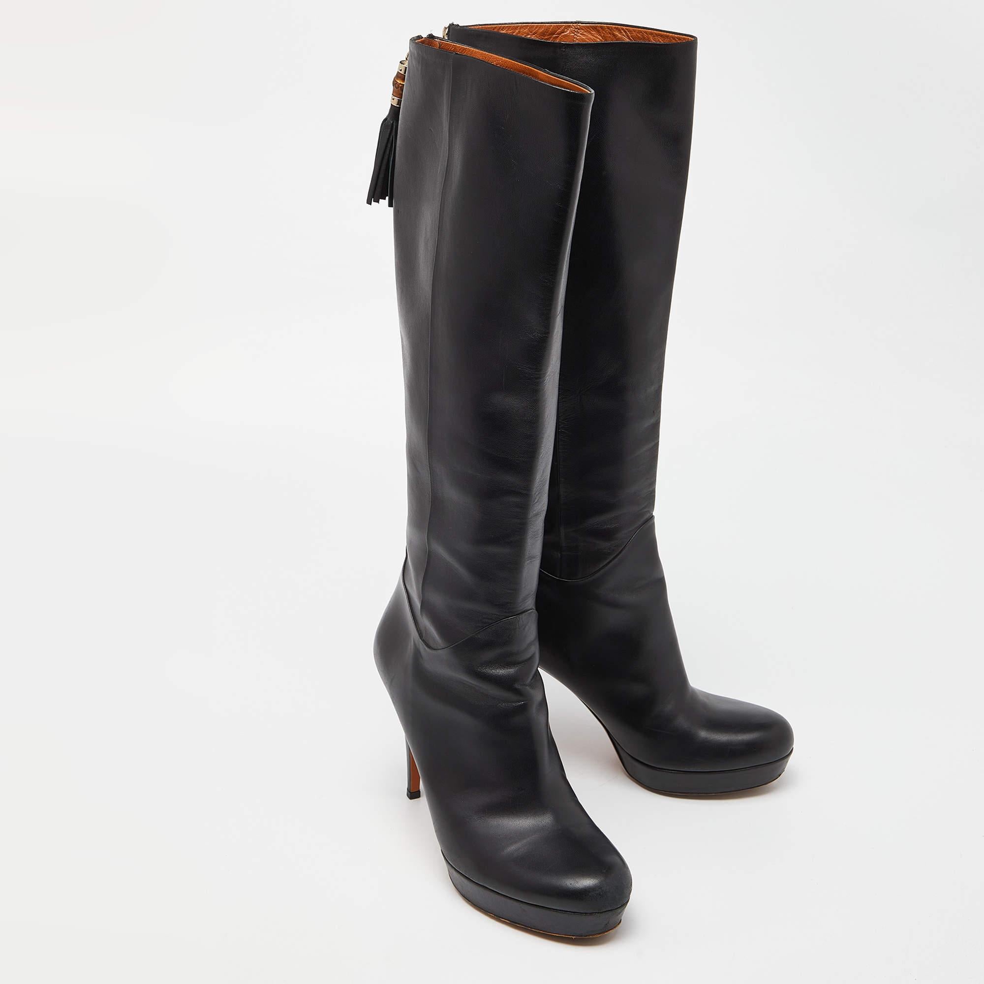 Women's Gucci Black Leather Bamboo Tassel Knee Length Platform Boots Size 40