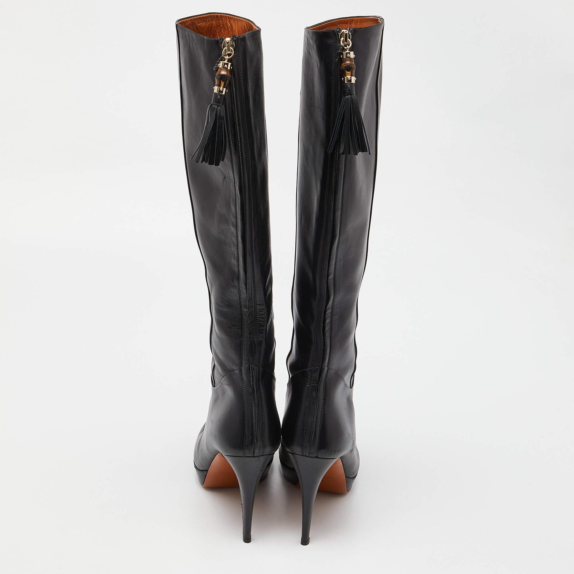 Gucci Black Leather Bamboo Tassel Knee Length Platform Boots Size 40 1