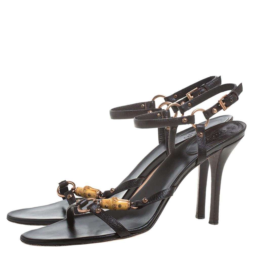 Women's Gucci Black Leather Bamboo Tassel Open Toe Sandal Size 38.5