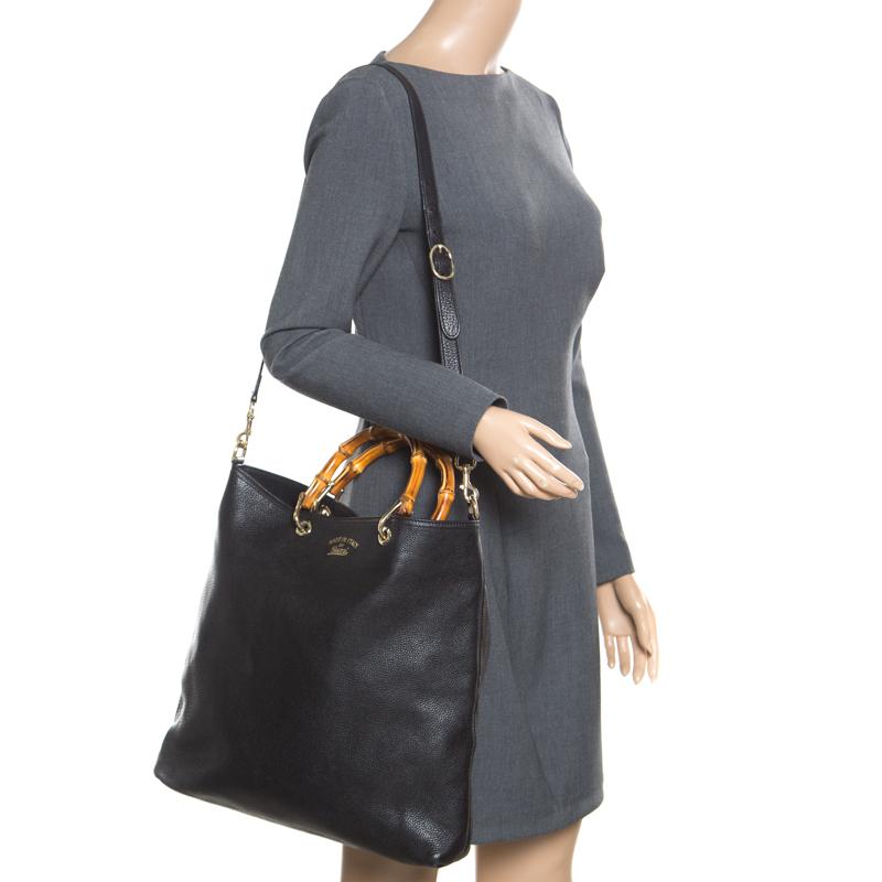 Gucci Black Leather Bamboo Top Handle Bag In Good Condition In Dubai, Al Qouz 2