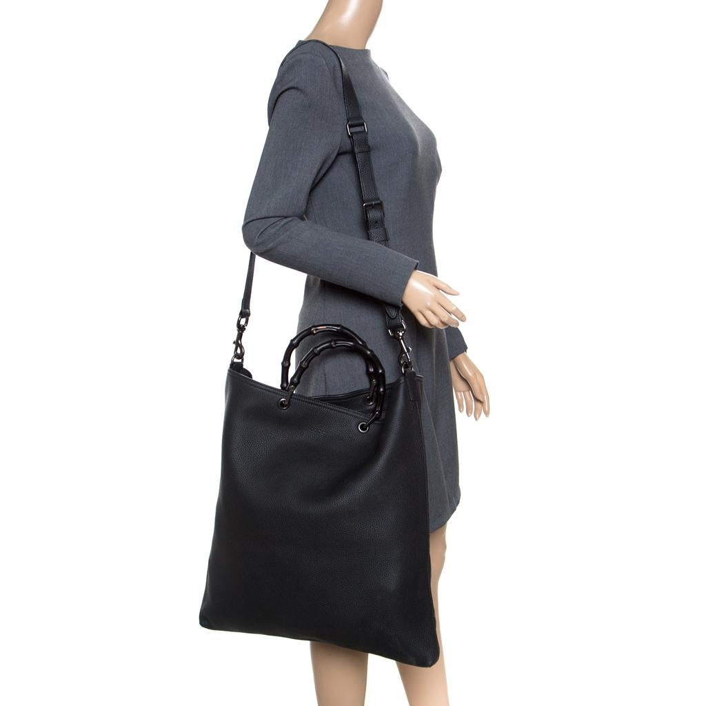 Gucci Black Leather Bamboo Top Handle Bag In Excellent Condition In Dubai, Al Qouz 2