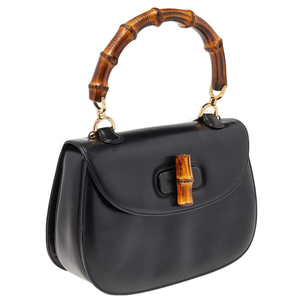 Women's Gucci Black Leather Bamboo Top Handle Bag