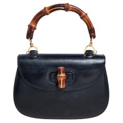 Gucci Black Leather Bamboo Top Handle Bag