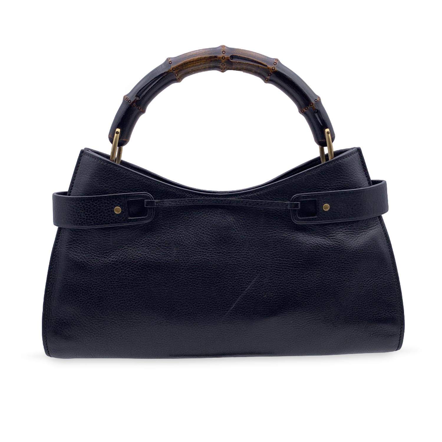 Women's Gucci Black Leather Bamboo Tote Bag Handbag Satchel