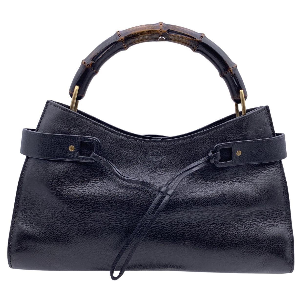Gucci Black Leather Bamboo Tote Bag Handbag Satchel
