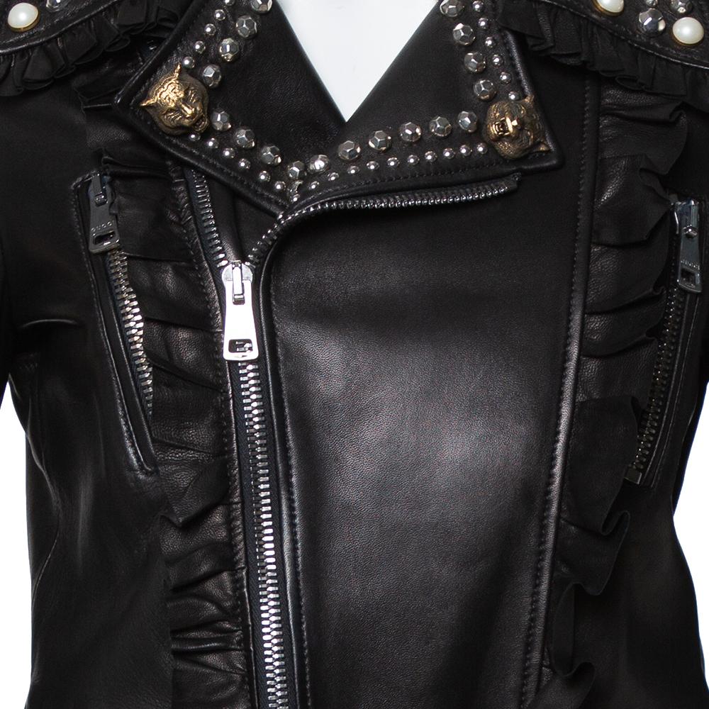 Gucci Black Leather Bead Studded Short Jacket M In Excellent Condition In Dubai, Al Qouz 2