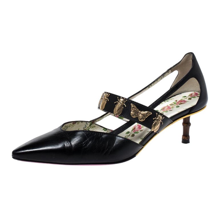 Gucci Black Leather Bee And Butterfly Pointed Toe Pumps Size 38 For Sale at 1stDibs | gucci butterfly heels, butterfly shoes, gucci shoes butterfly