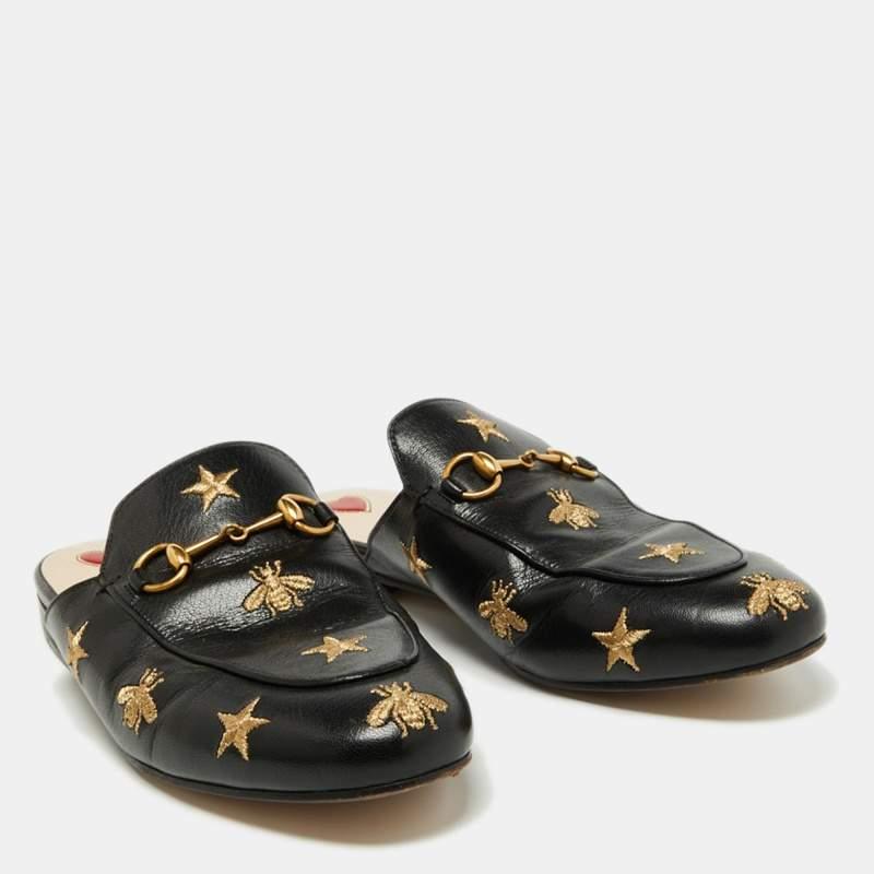 Gucci Black Leather Bee and Star Embroidered Princetown Flat Mules Size 38 1