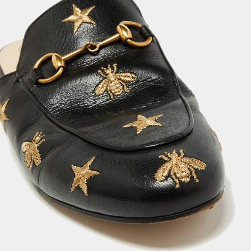 Gucci Black Leather Bee and Star Embroidered Princetown Flat Mules Size 38 2