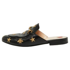 Used Gucci Black Leather Bee and Star Embroidered Princetown Flat Mules Size 38