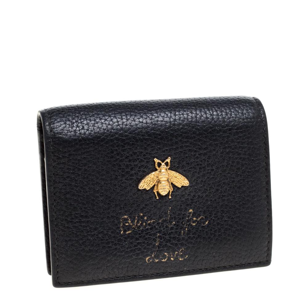 Gucci Black Leather Bee Blind For Love Compact Wallet at 1stDibs