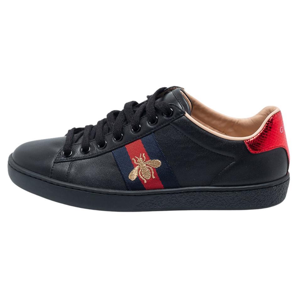 Gucci Black Leather Bee Embroidered Ace Low Top Sneakers Size 35.5