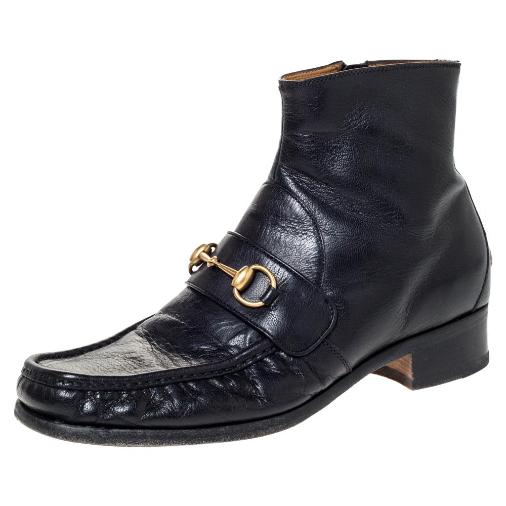Gucci Black Leather Bee Embroidered Horse-bit Vegas Ankle Boots Size 42 at  1stDibs