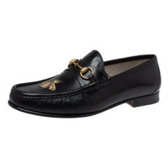 Gucci Black Leather Bee Embroidered Horsebit Slip On Loafers Size 43.5