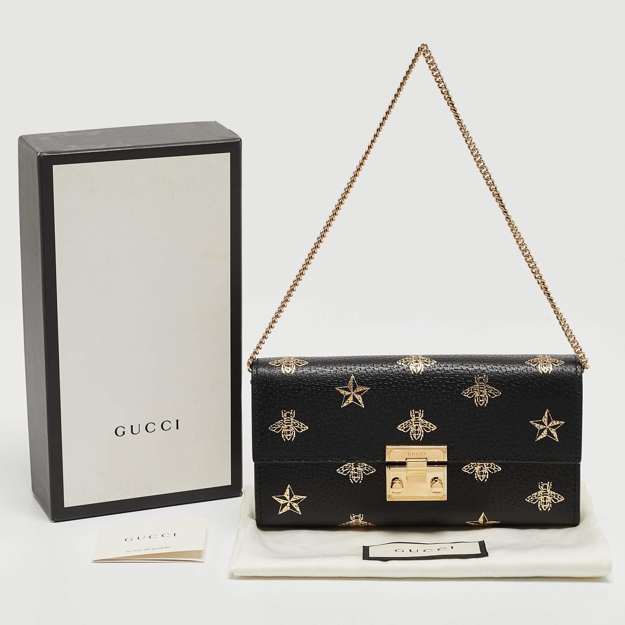 Gucci Black Leather Bees Padlock Continental Wallet On Chain 9
