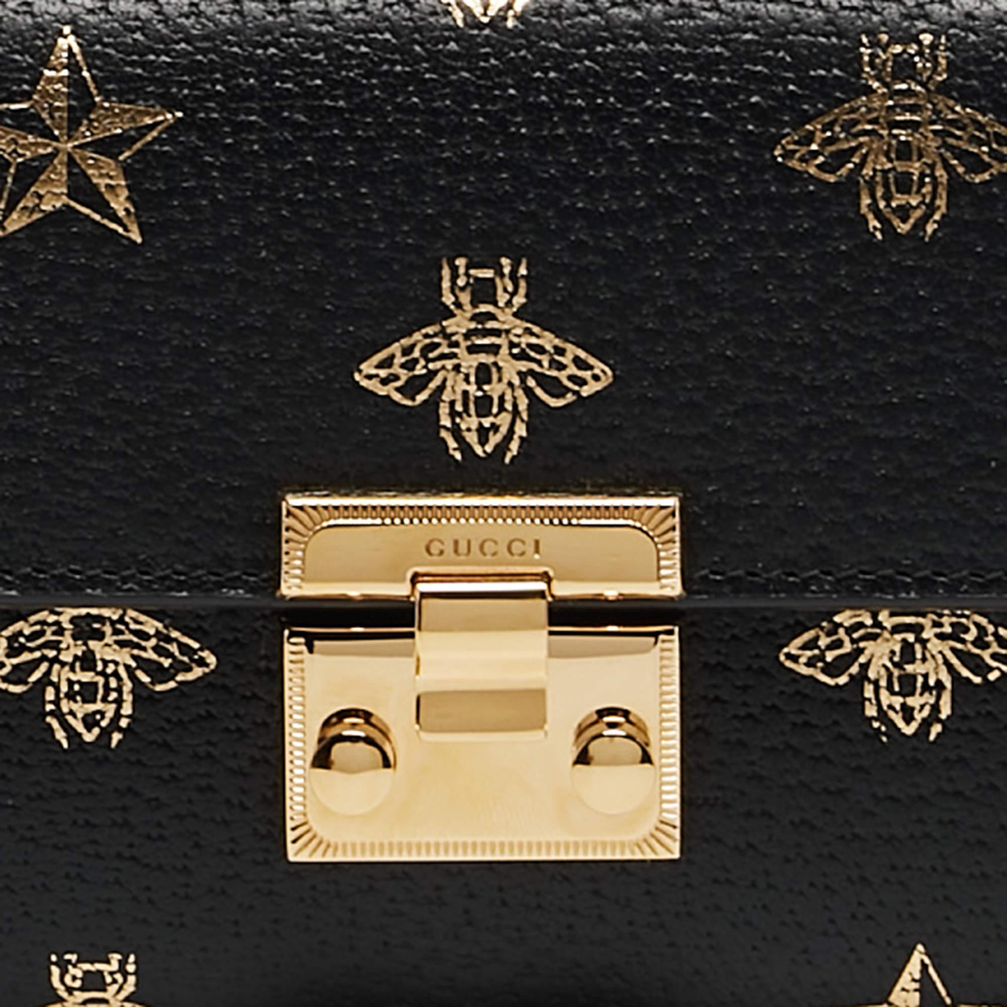 Women's Gucci Black Leather Bees Padlock Continental Wallet On Chain
