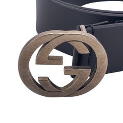 Gucci Black Leather Belt Metal Interlocking GG Buckle Size 100/40