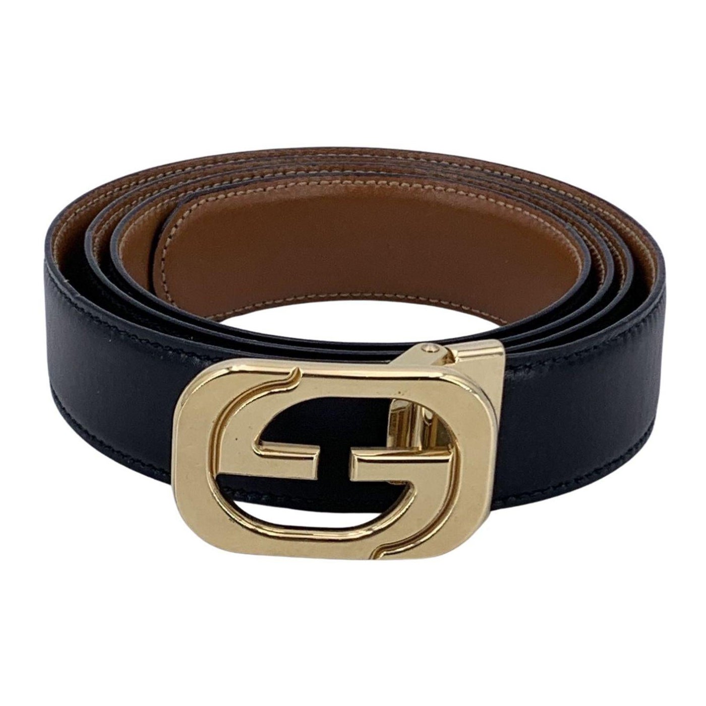 Gucci Black Leather Belt with Gold Metal GG Buckle Size 105/42