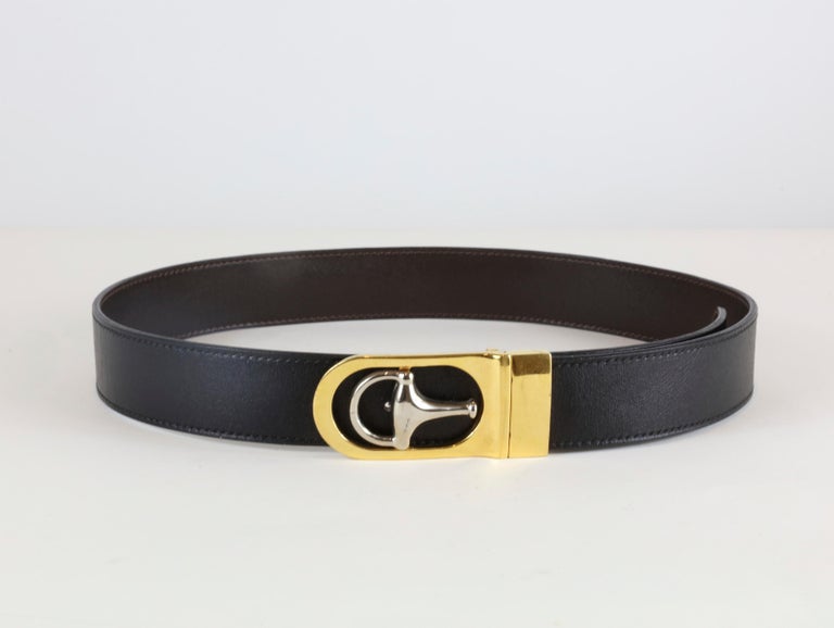 Gucci Black Leather Belt with Silver and Gold Hardware For Sale at 1stDibs
