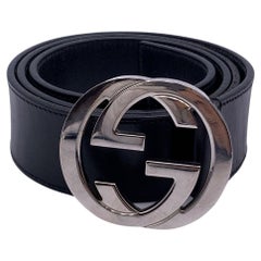 Used Gucci Black Leather Belt with Silver Metal GG Buckle Size 90/36