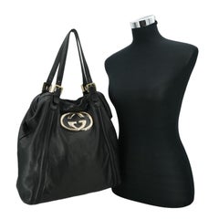 Gucci Black Leather Big GG Logo Large Tote Shoulder Bag