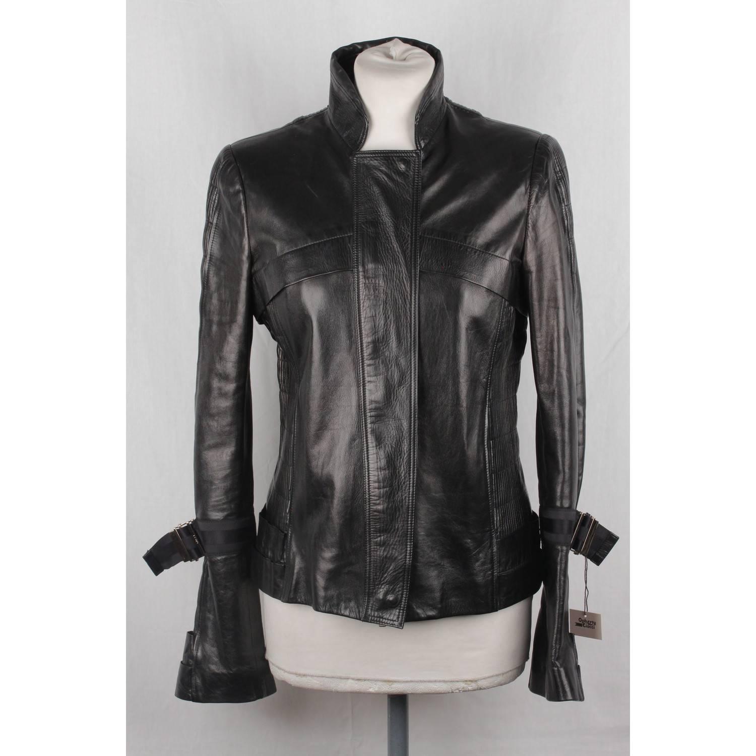 Women's GUCCI Black Leather BIKER JACKET with Pintucked Panels