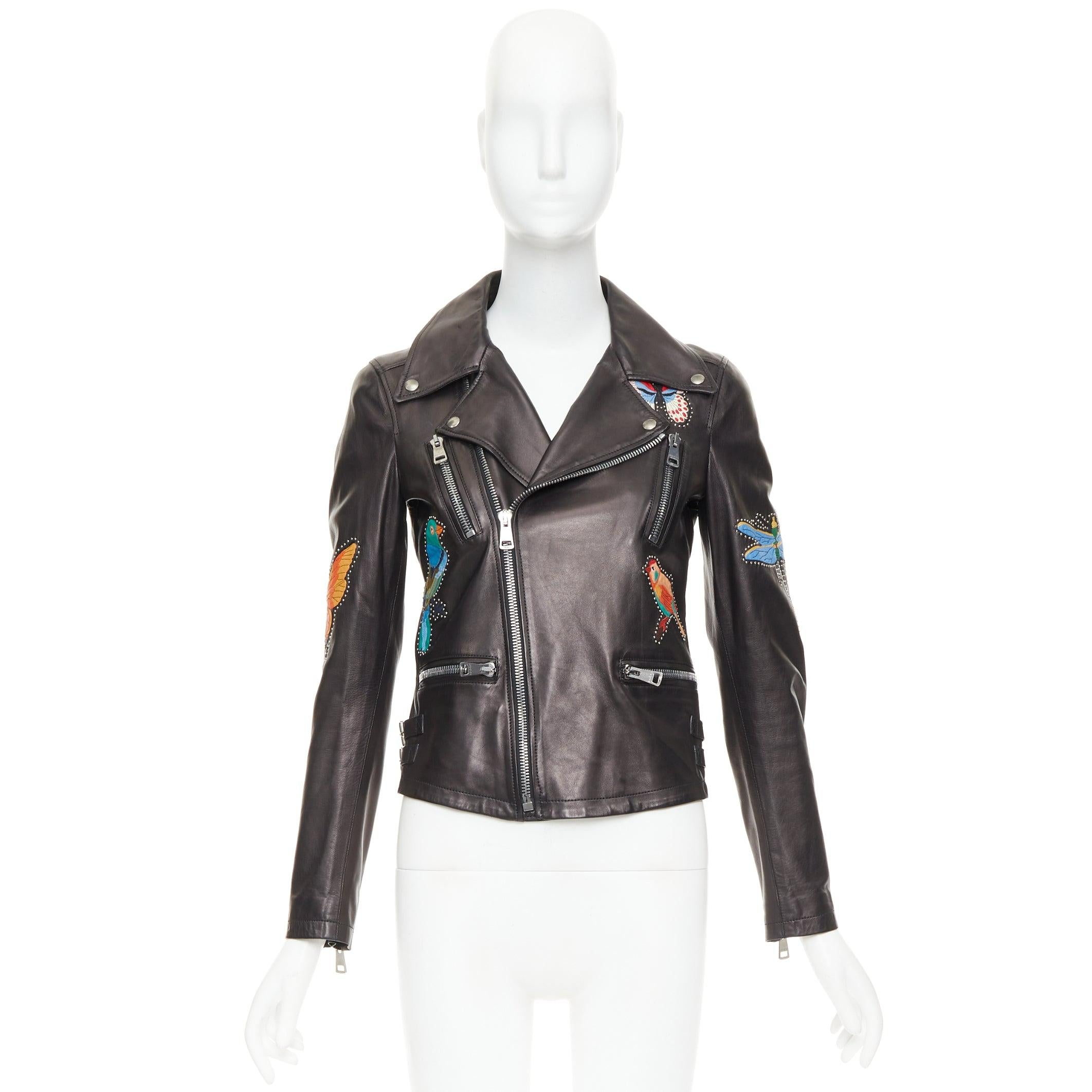 Cazadora biker GUCCI de cuero negro con apliques de mariposa de pájaro y tachuelas IT38 XS en venta 5