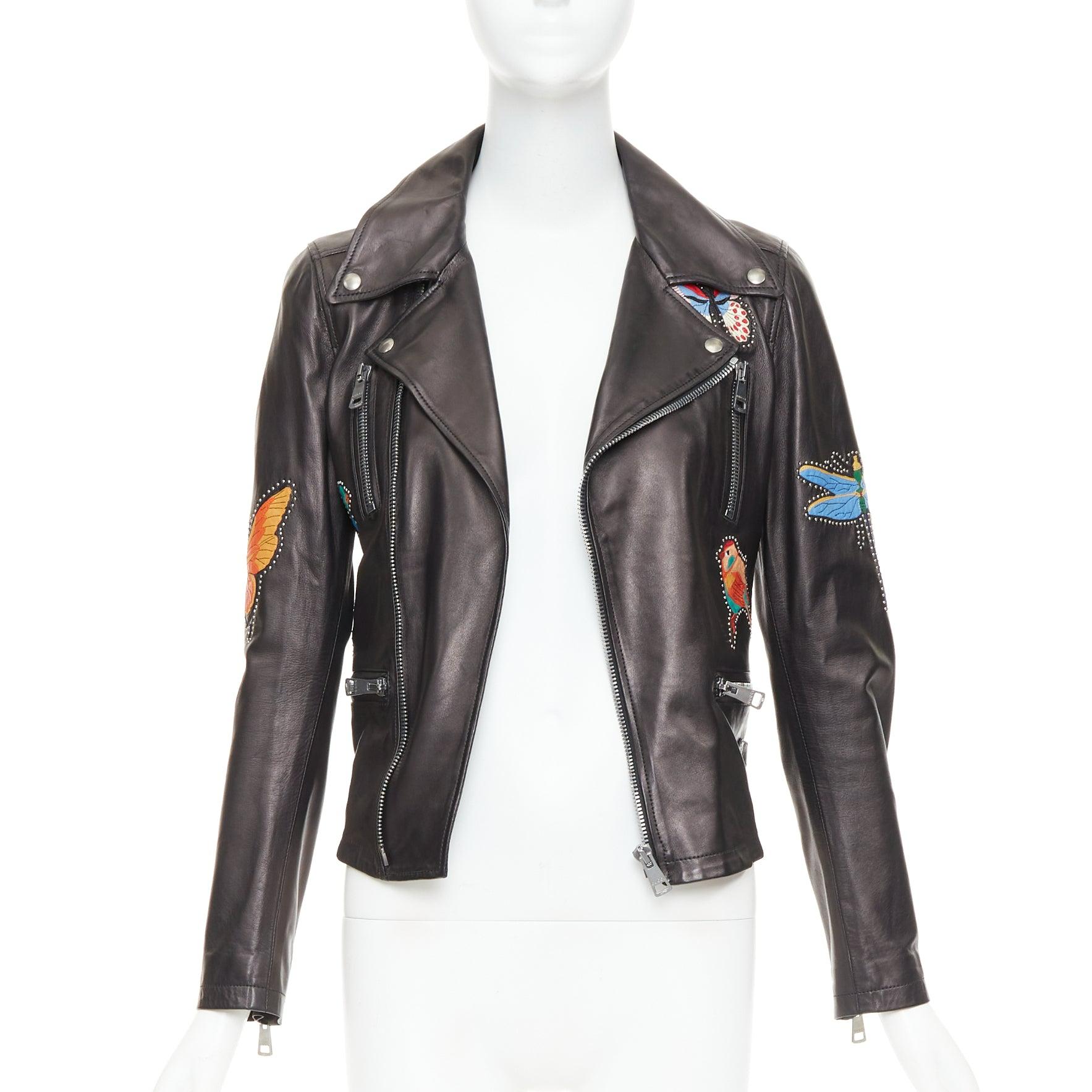 Cazadora biker GUCCI de cuero negro con apliques de mariposa de pájaro y tachuelas IT38 XS Negro en venta