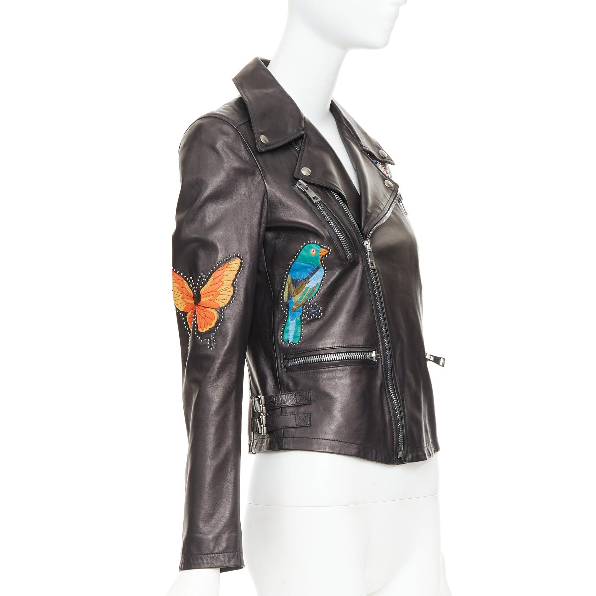 Cazadora biker GUCCI de cuero negro con apliques de mariposa de pájaro y tachuelas IT38 XS en Bueno estado para la venta en Hong Kong, NT