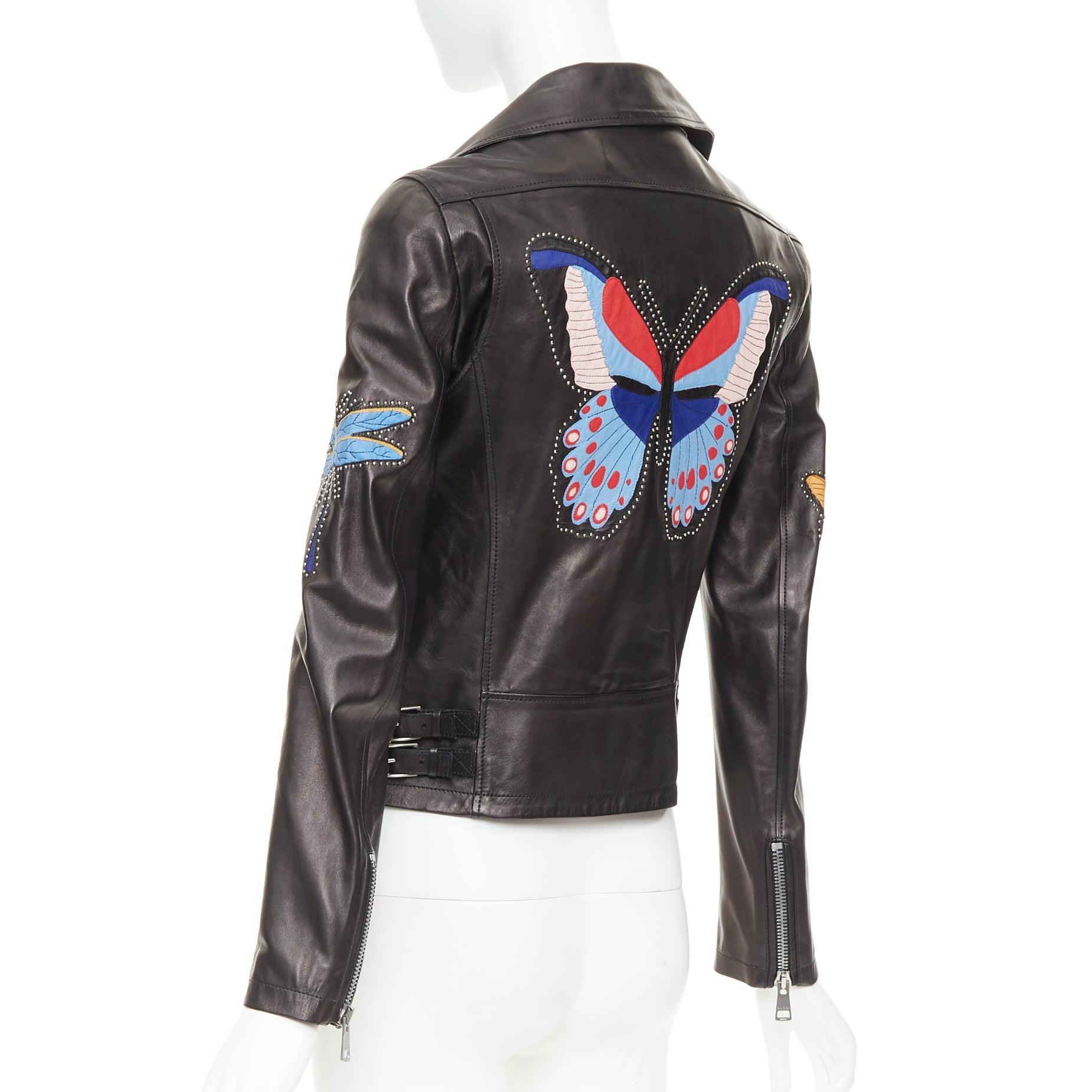 Cazadora biker GUCCI de cuero negro con apliques de mariposa de pájaro y tachuelas IT38 XS en venta 1