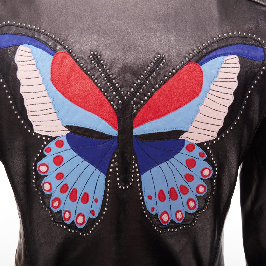 Cazadora biker GUCCI de cuero negro con apliques de mariposa de pájaro y tachuelas IT38 XS en venta 2