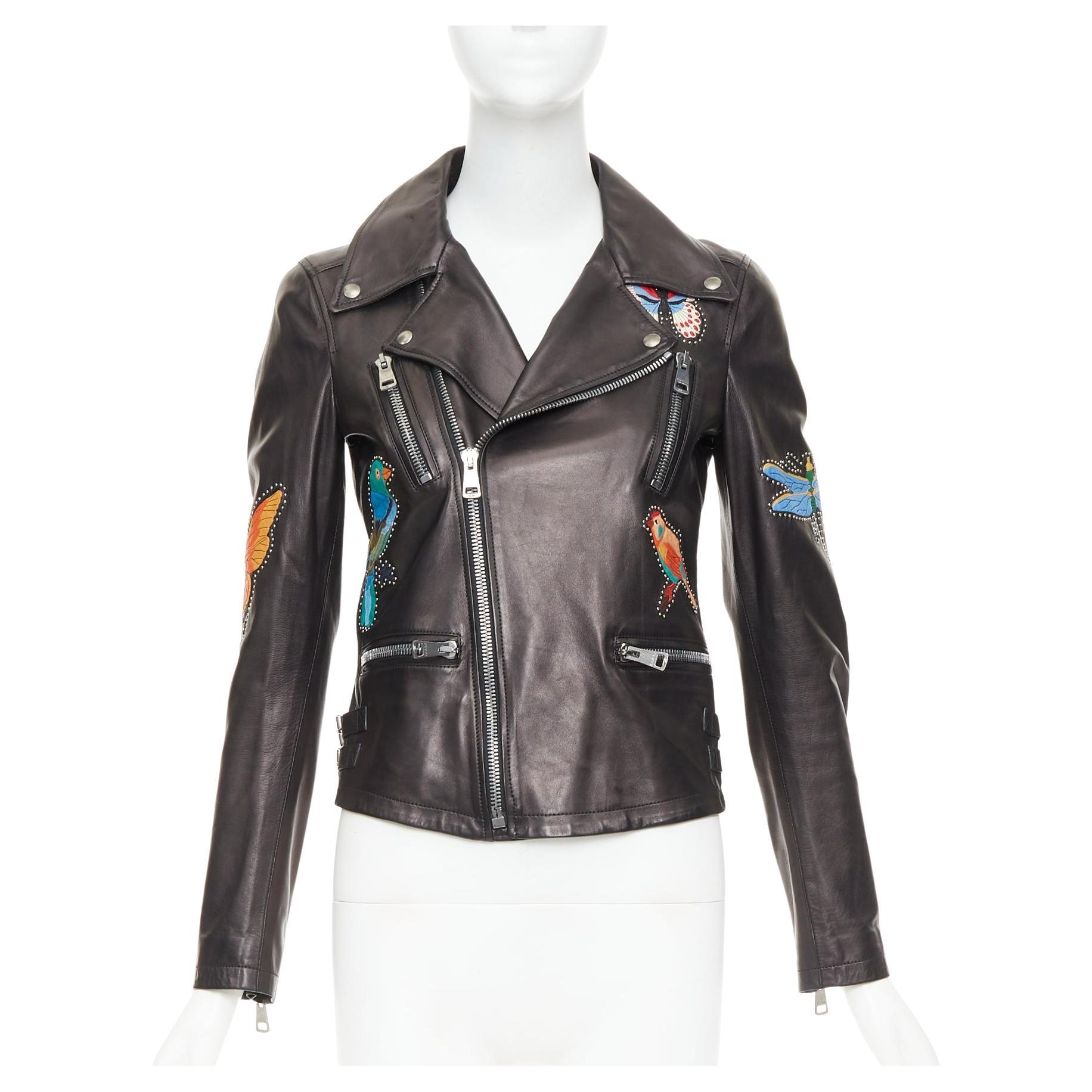 Cazadora biker GUCCI de cuero negro con apliques de mariposa de pájaro y tachuelas IT38 XS en venta