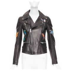 GUCCI black leather bird butterfly applique studded biker jacket IT38 XS