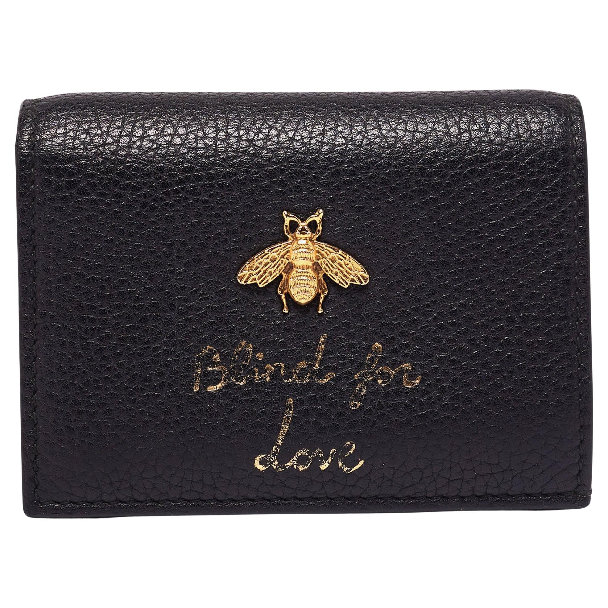 Gucci Black Leather Blind For Love Bee Accent Bifold Wallet
